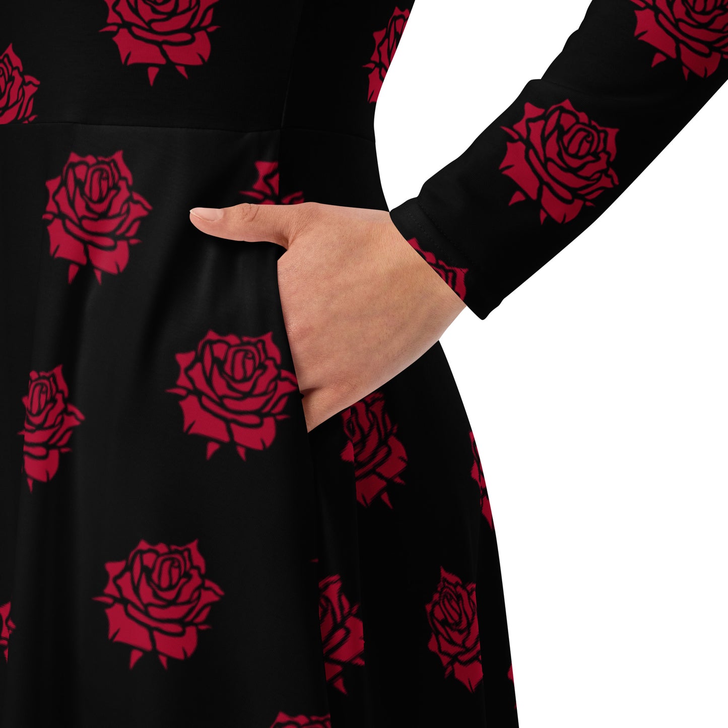 RED ROSE LONG SLEEVE MIDI DRESS