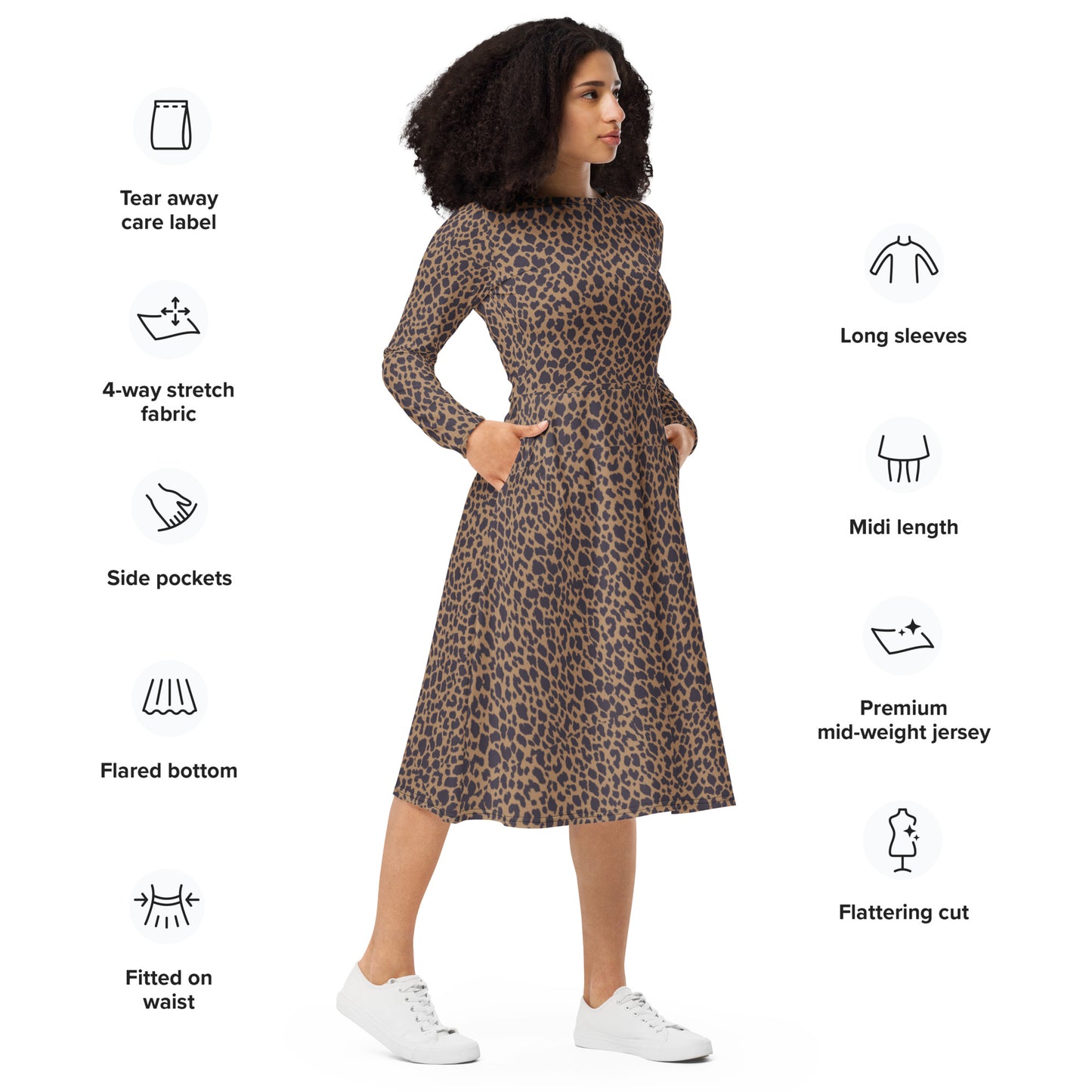 LEOPARD PRINT LONG-SLEEVED MIDI DRESS