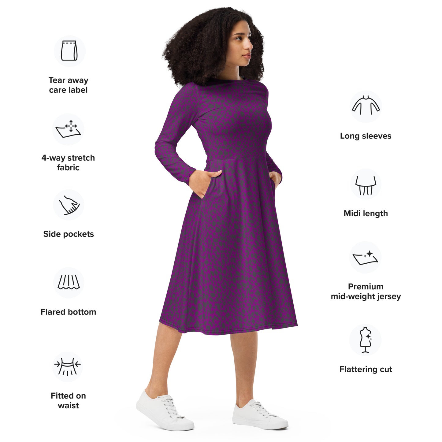 PURPLE LEOPARD LONG SLEEVE MIDI DRESS