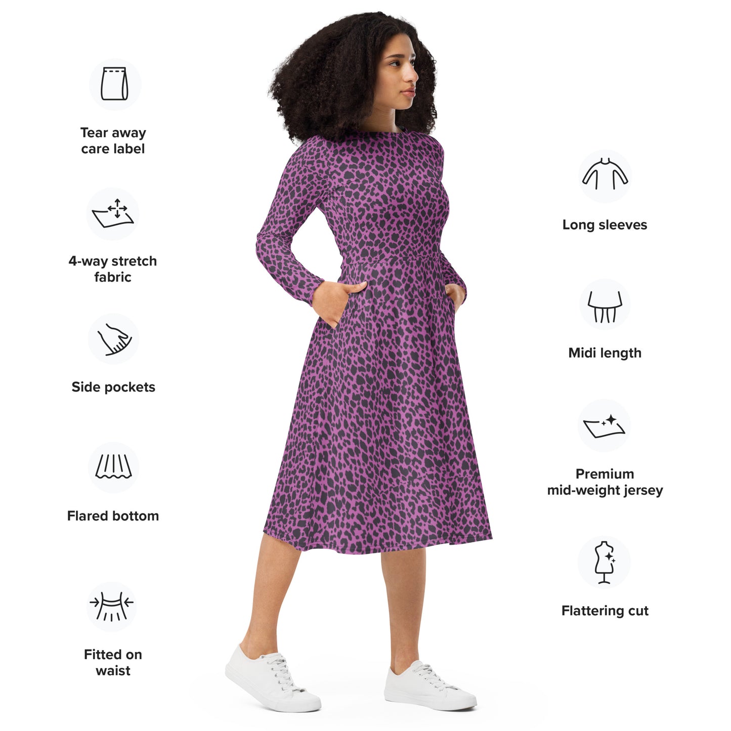 PINK LEOPARD LONG SLEEVE MIDI DRESS