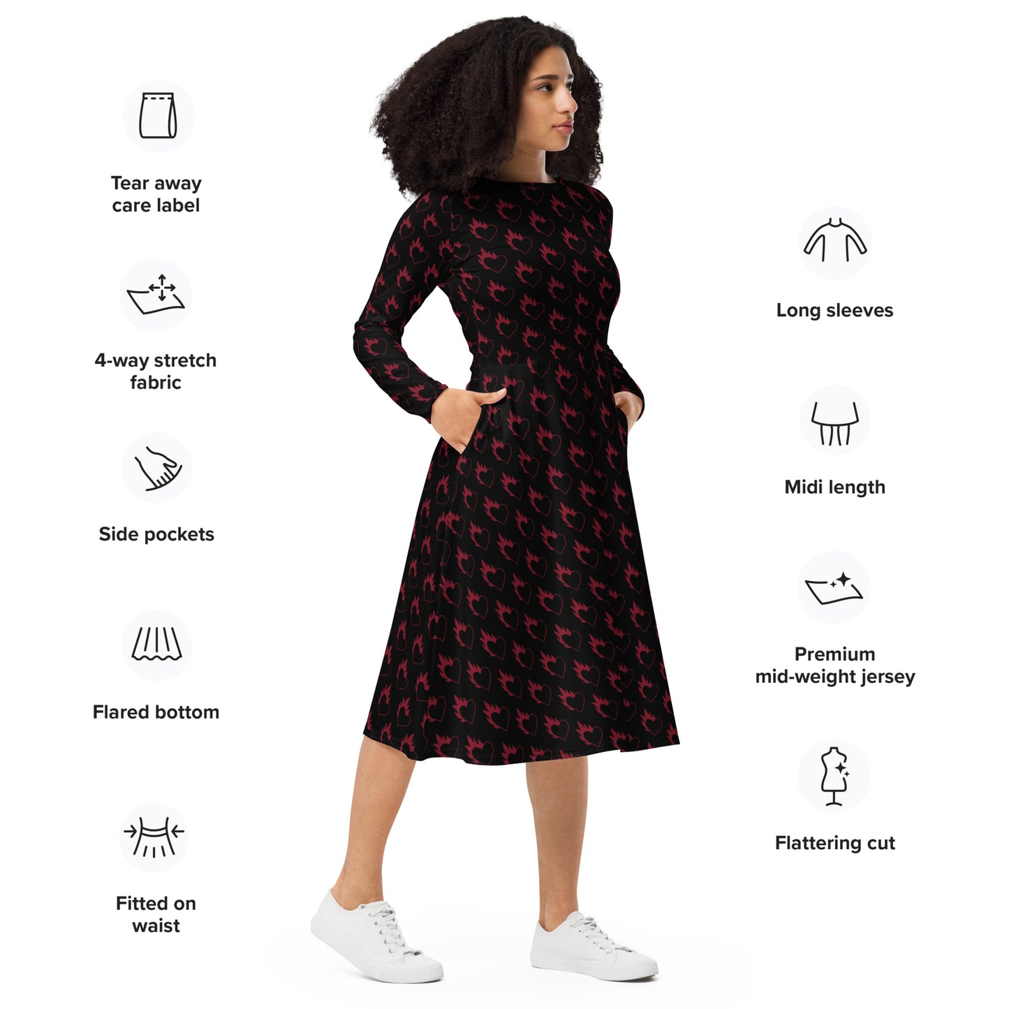 FLAMING HEART LONG SLEEVE MIDI DRESS