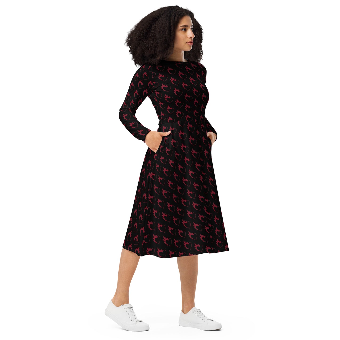 FLAMING HEART LONG SLEEVE MIDI DRESS