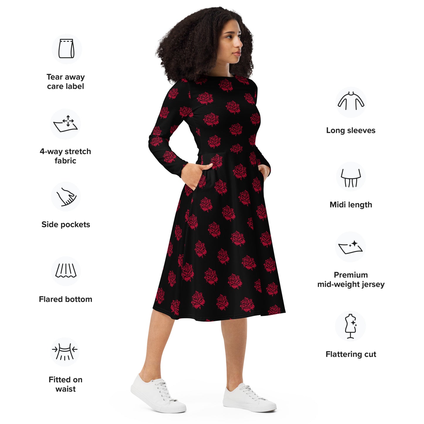 RED ROSE LONG SLEEVE MIDI DRESS