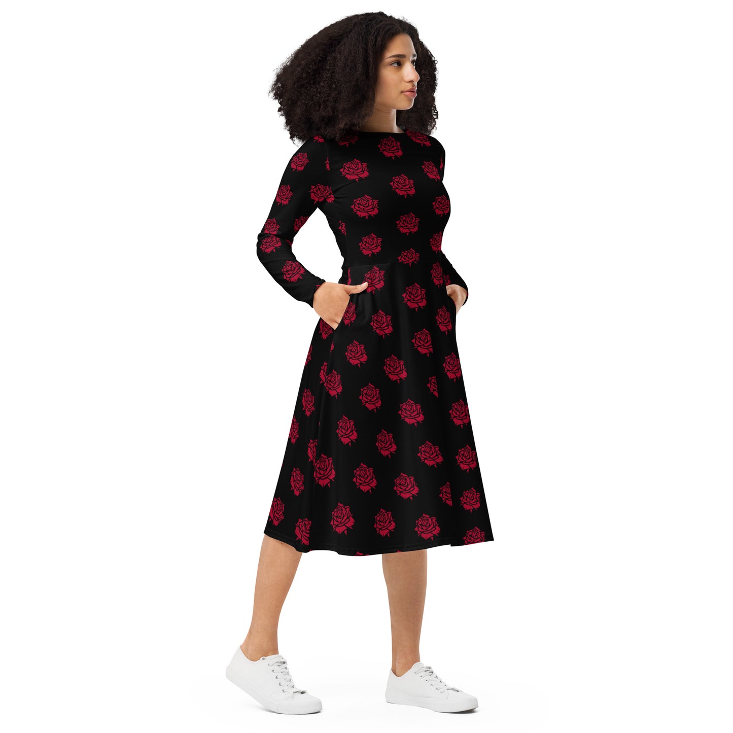 RED ROSE LONG SLEEVE MIDI DRESS