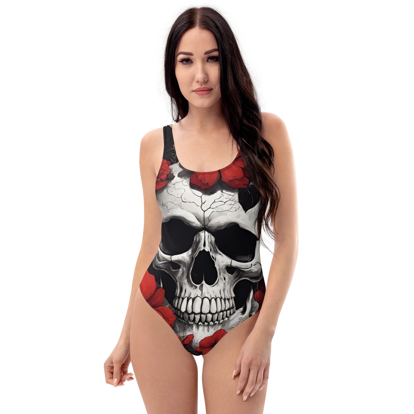 TROPICAL RED FLOWER SKULL SWIMSUIT