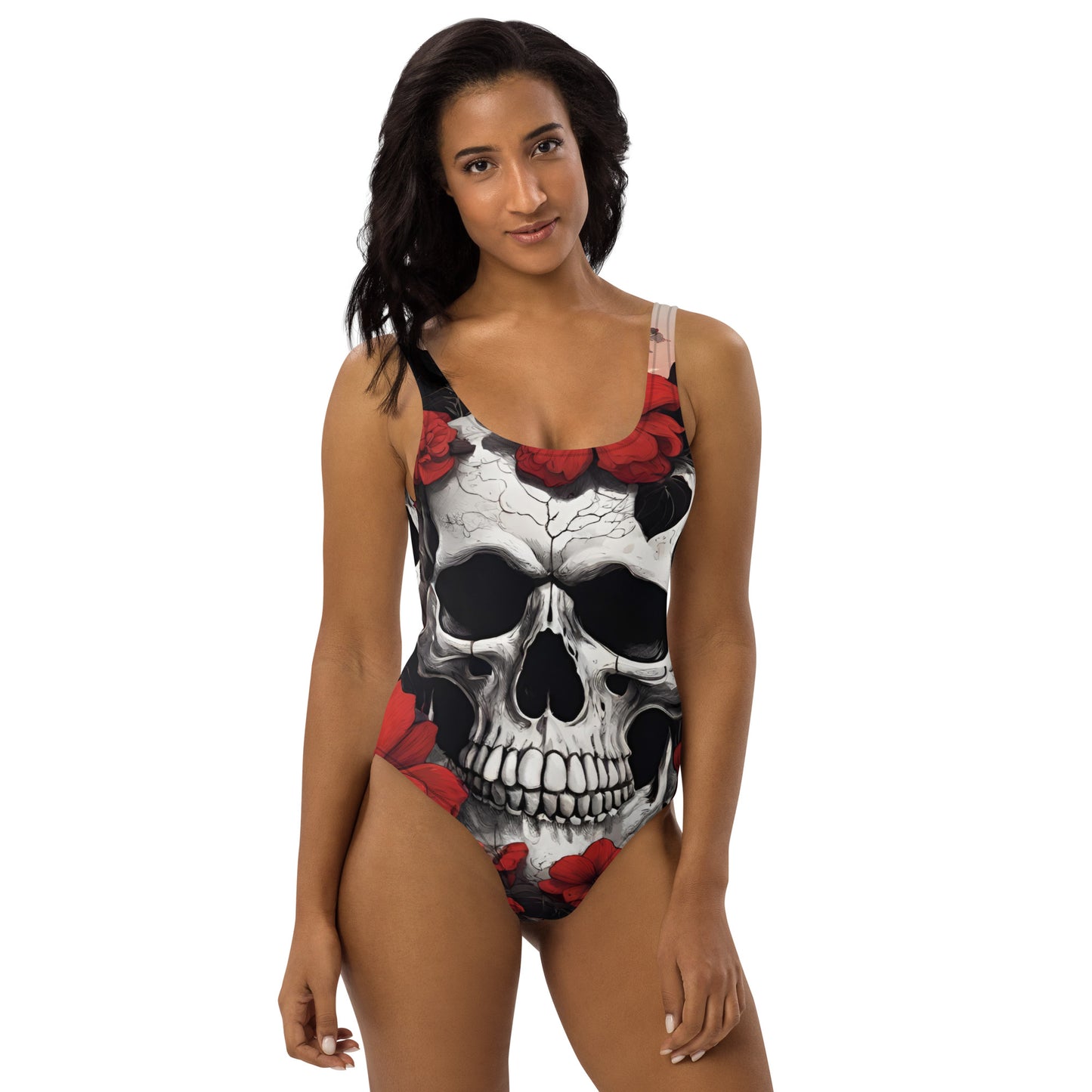 TROPICAL RED FLOWER SKULL SWIMSUIT