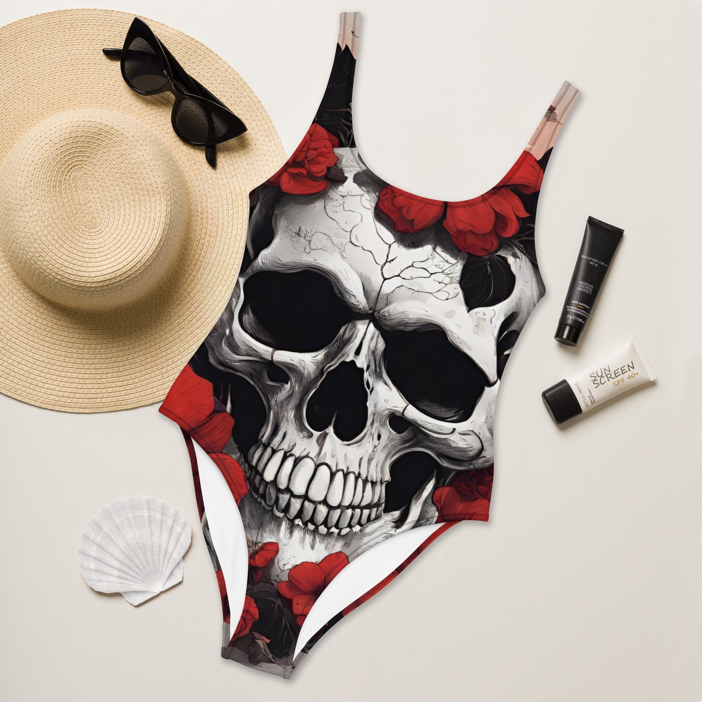 TROPICAL RED FLOWER SKULL SWIMSUIT