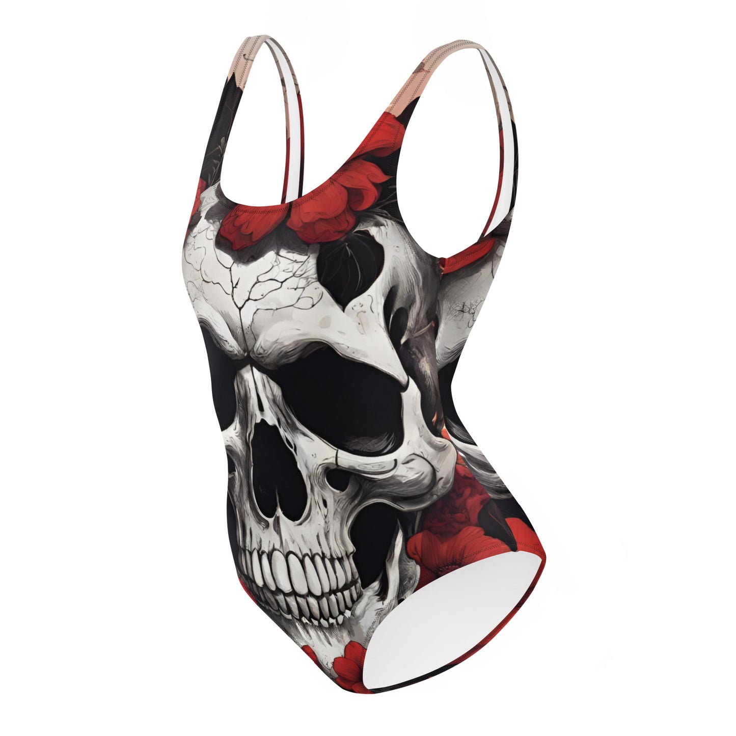 TROPICAL RED FLOWER SKULL SWIMSUIT