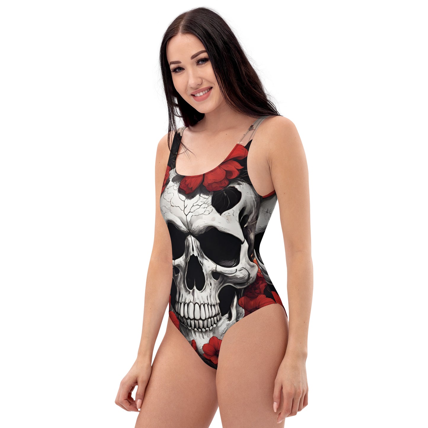 TROPICAL RED FLOWER SKULL SWIMSUIT