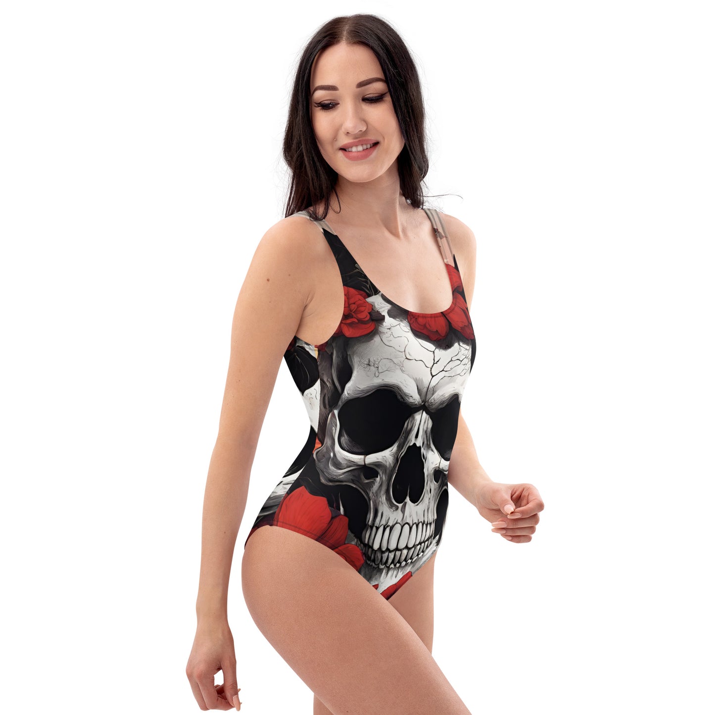 TROPICAL RED FLOWER SKULL SWIMSUIT