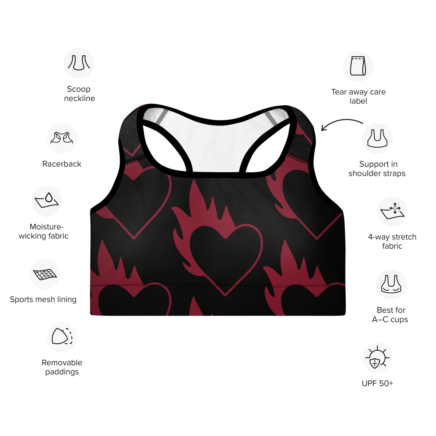 FLAMING HEART PADDED SPORTS BRA