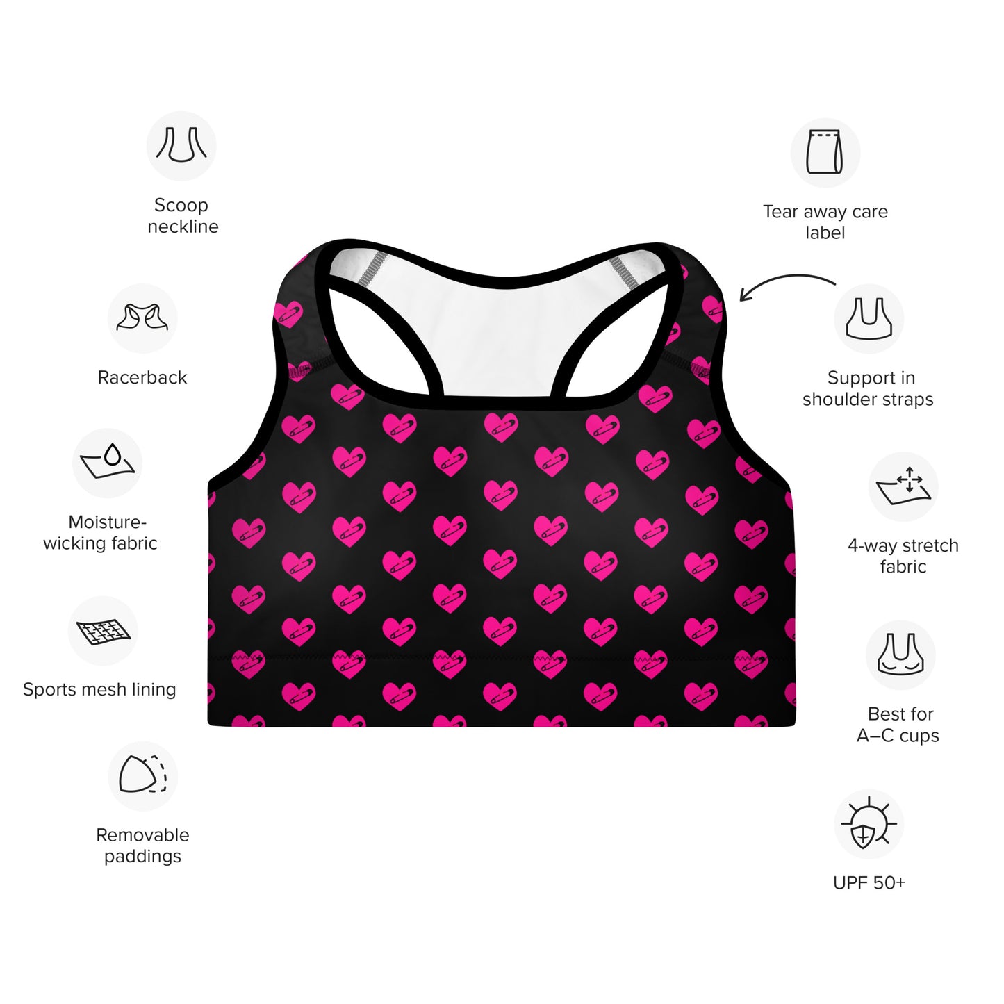 PINNED HEART PADDED SPORTS BRA