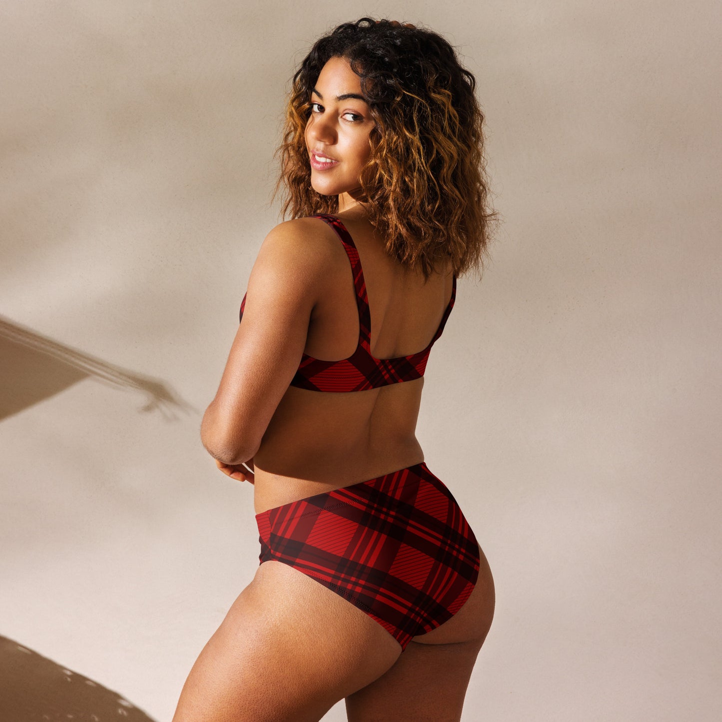 RED PLAID RECYCLED HIGH-WAISTED BIKINI