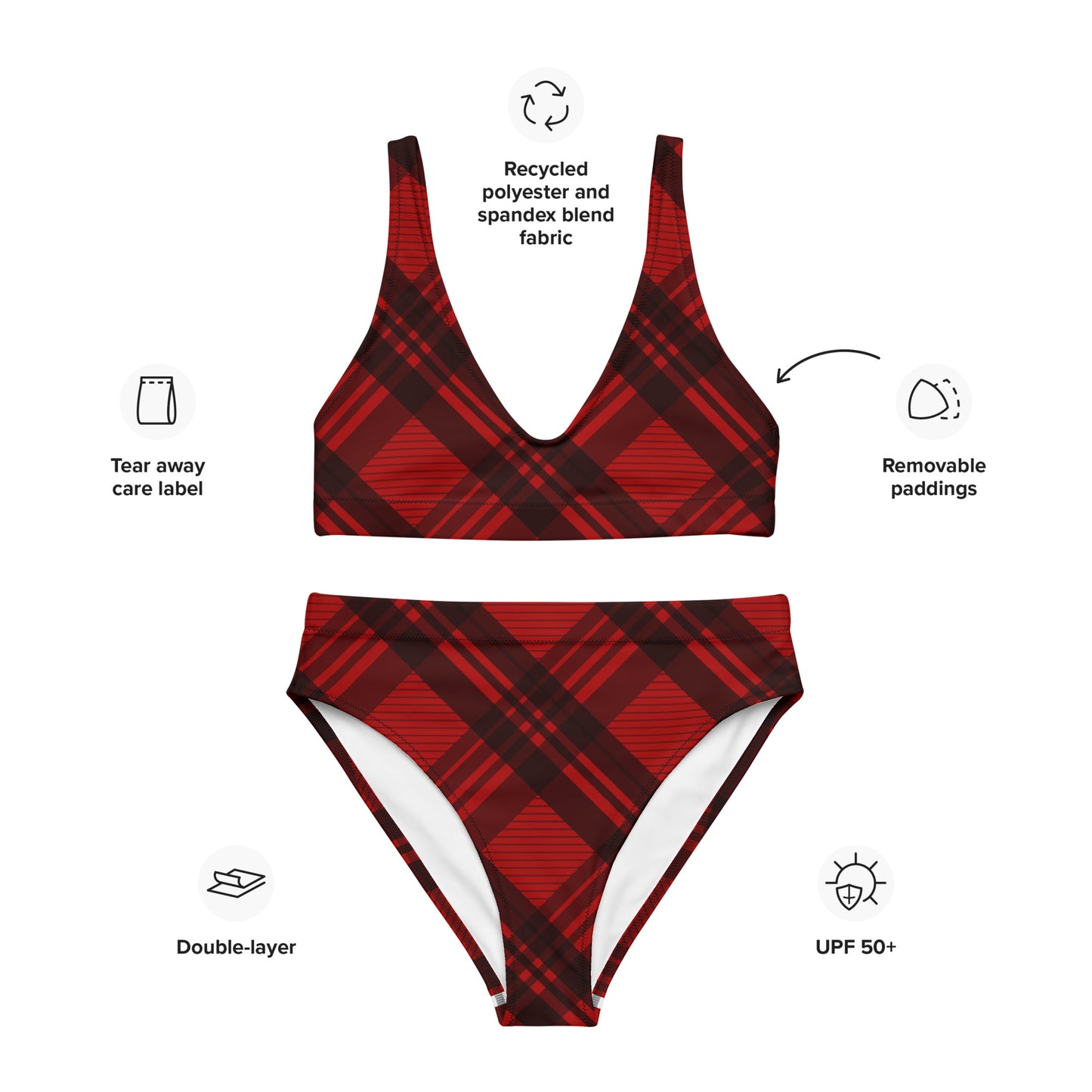 RED PLAID RECYCLED HIGH-WAISTED BIKINI