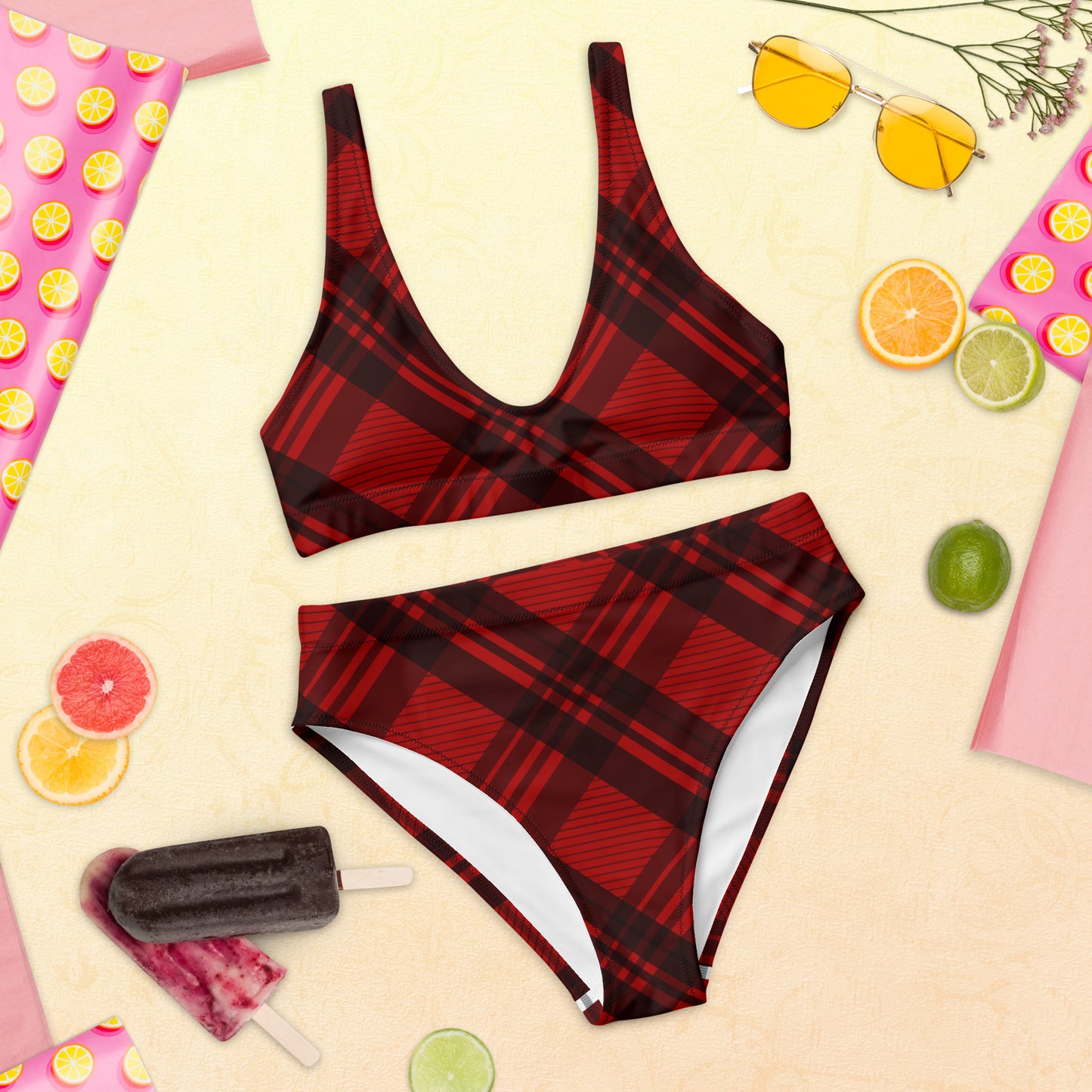 RED PLAID RECYCLED HIGH-WAISTED BIKINI