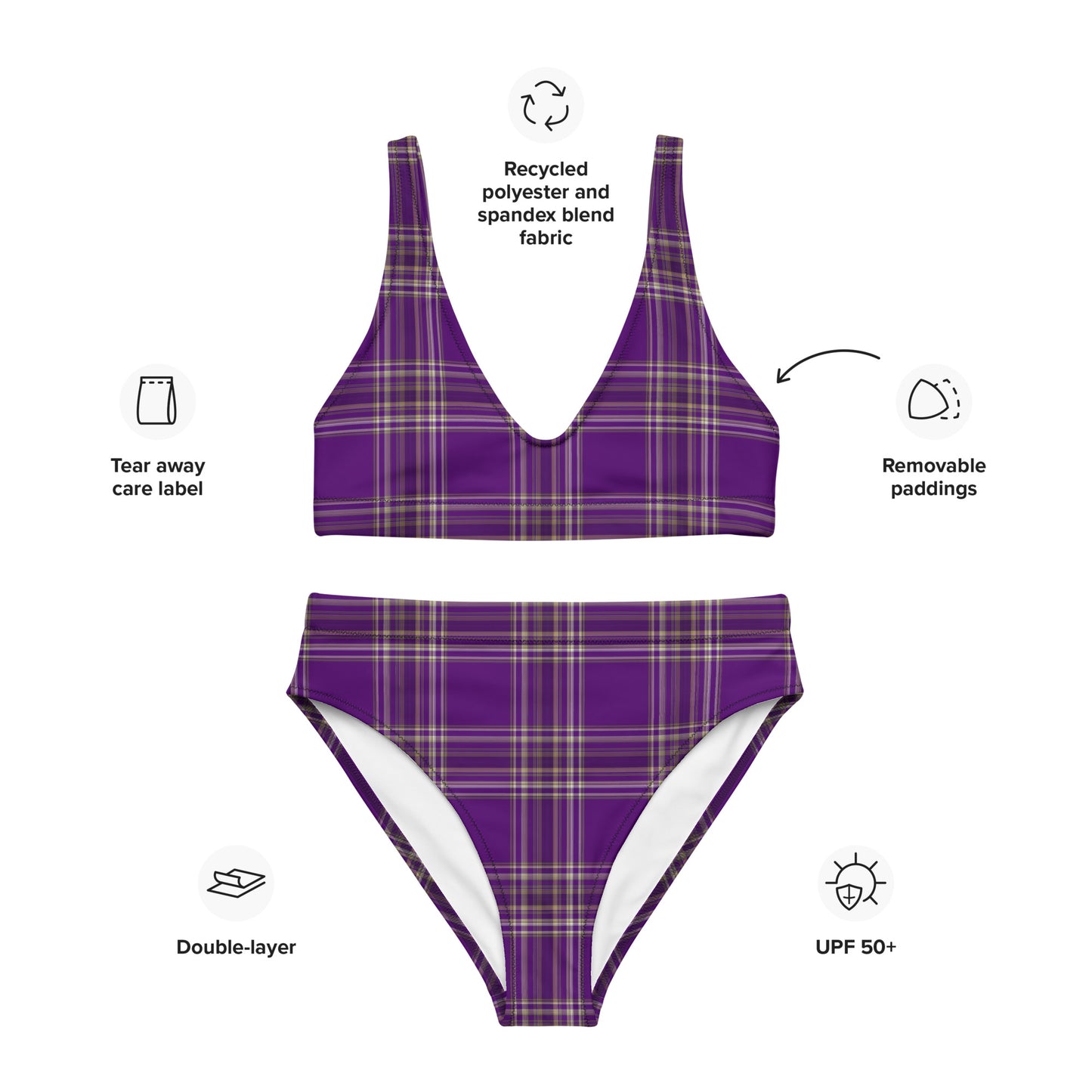 PURPLE PLAID RECYCLED HIGH-WAISTED BIKINI