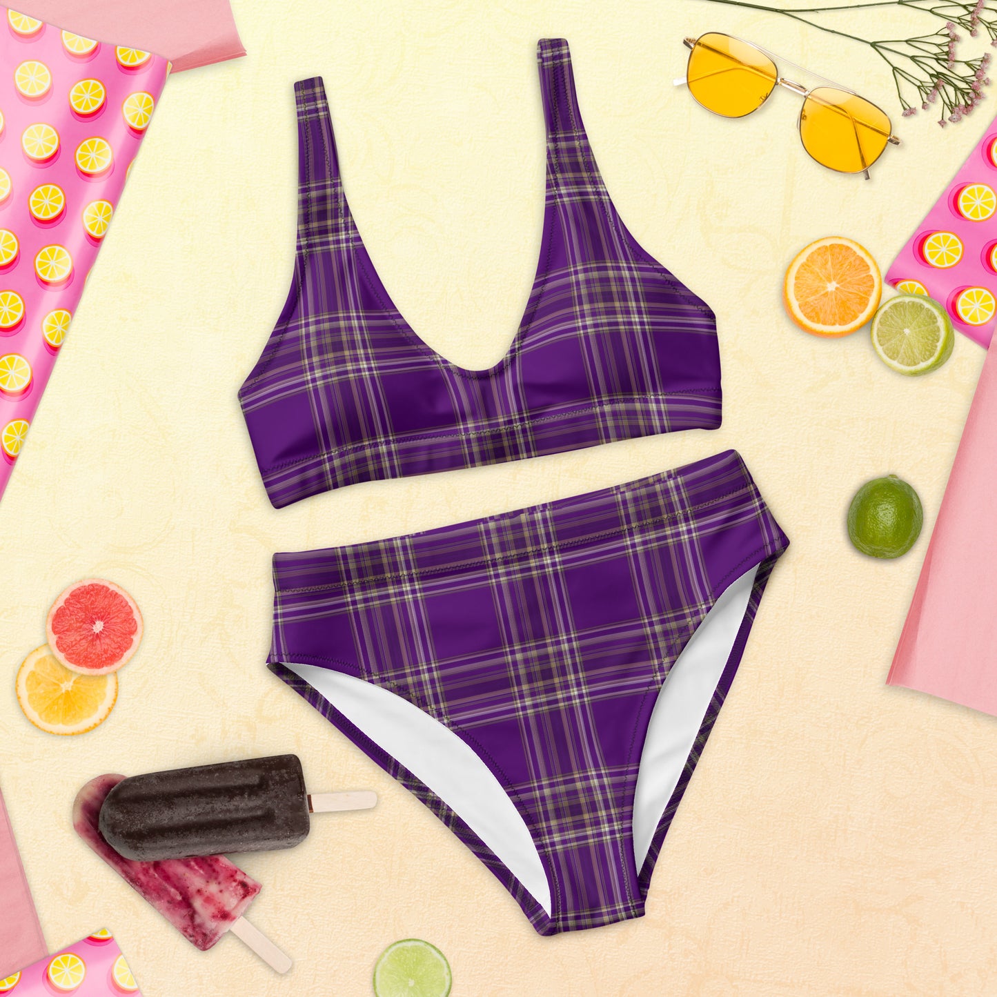 PURPLE PLAID RECYCLED HIGH-WAISTED BIKINI