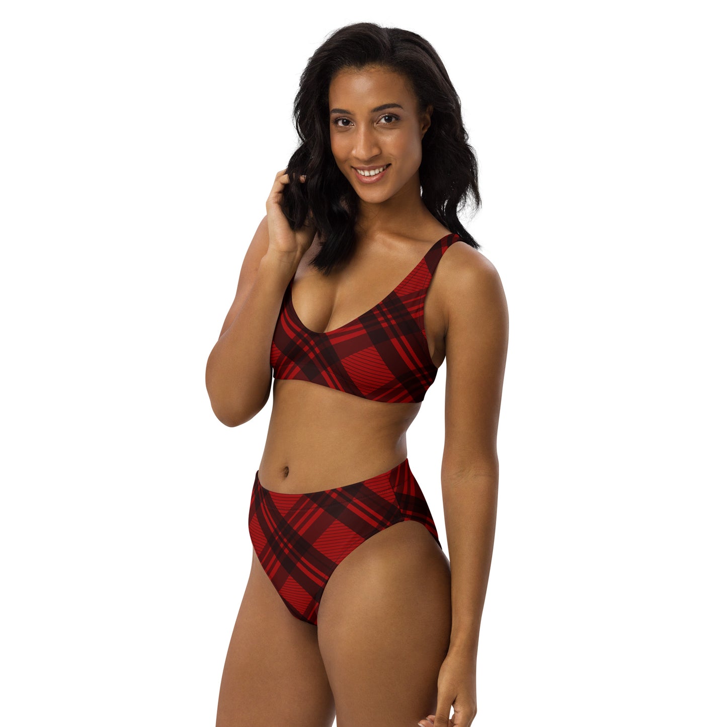 RED PLAID RECYCLED HIGH-WAISTED BIKINI