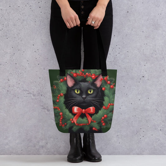 BLACK KITTY WREATH TOTE BAG