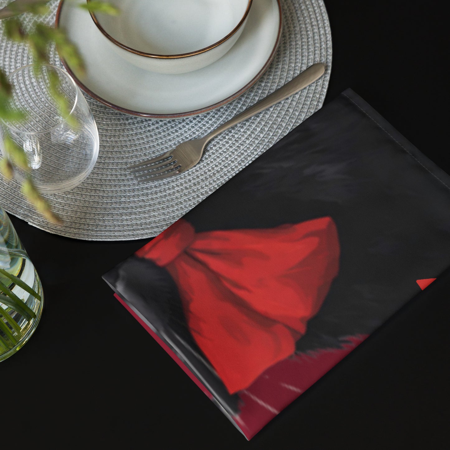 BLACK KITTY BOW CLOTH NAPKIN SET