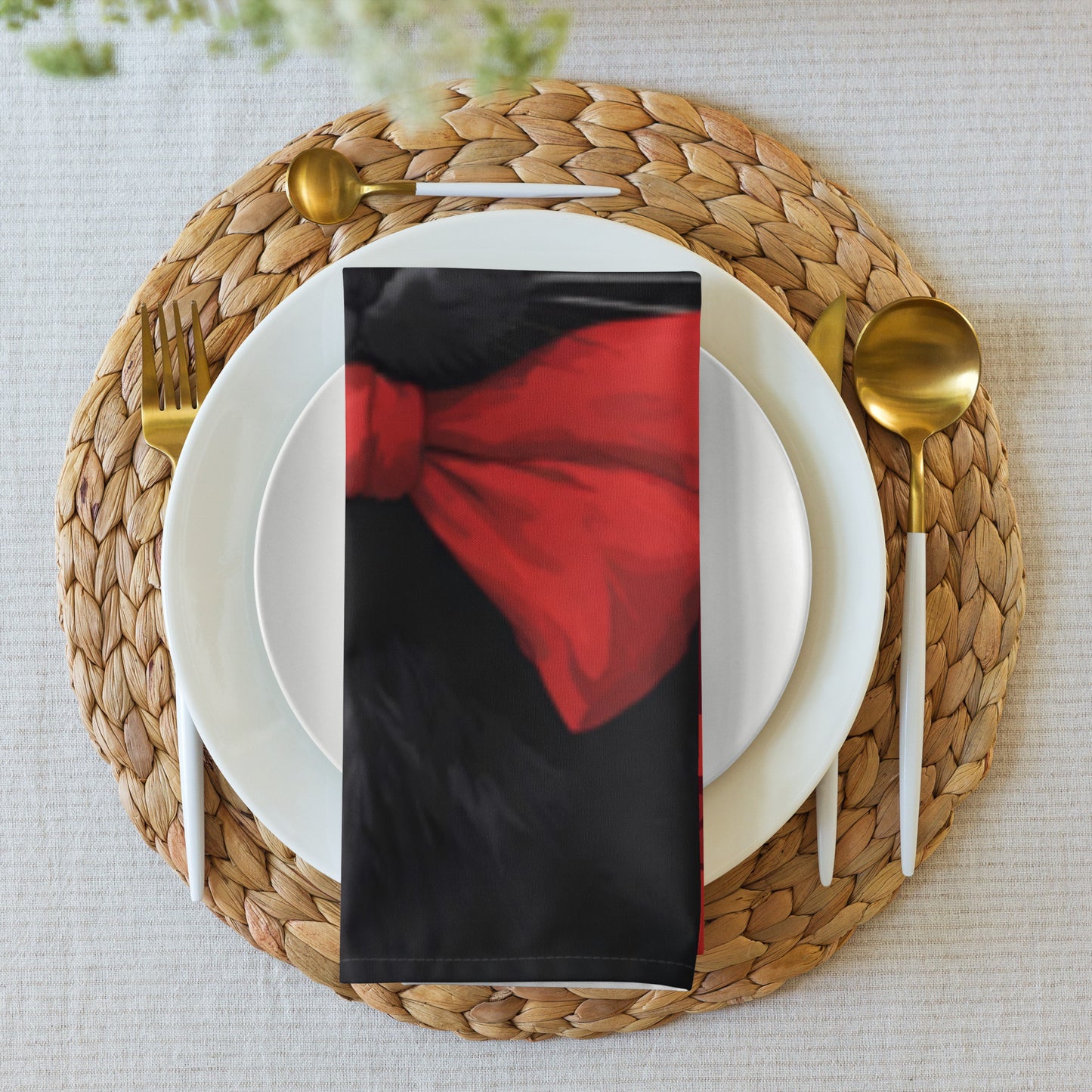 BLACK KITTY BOW CLOTH NAPKIN SET