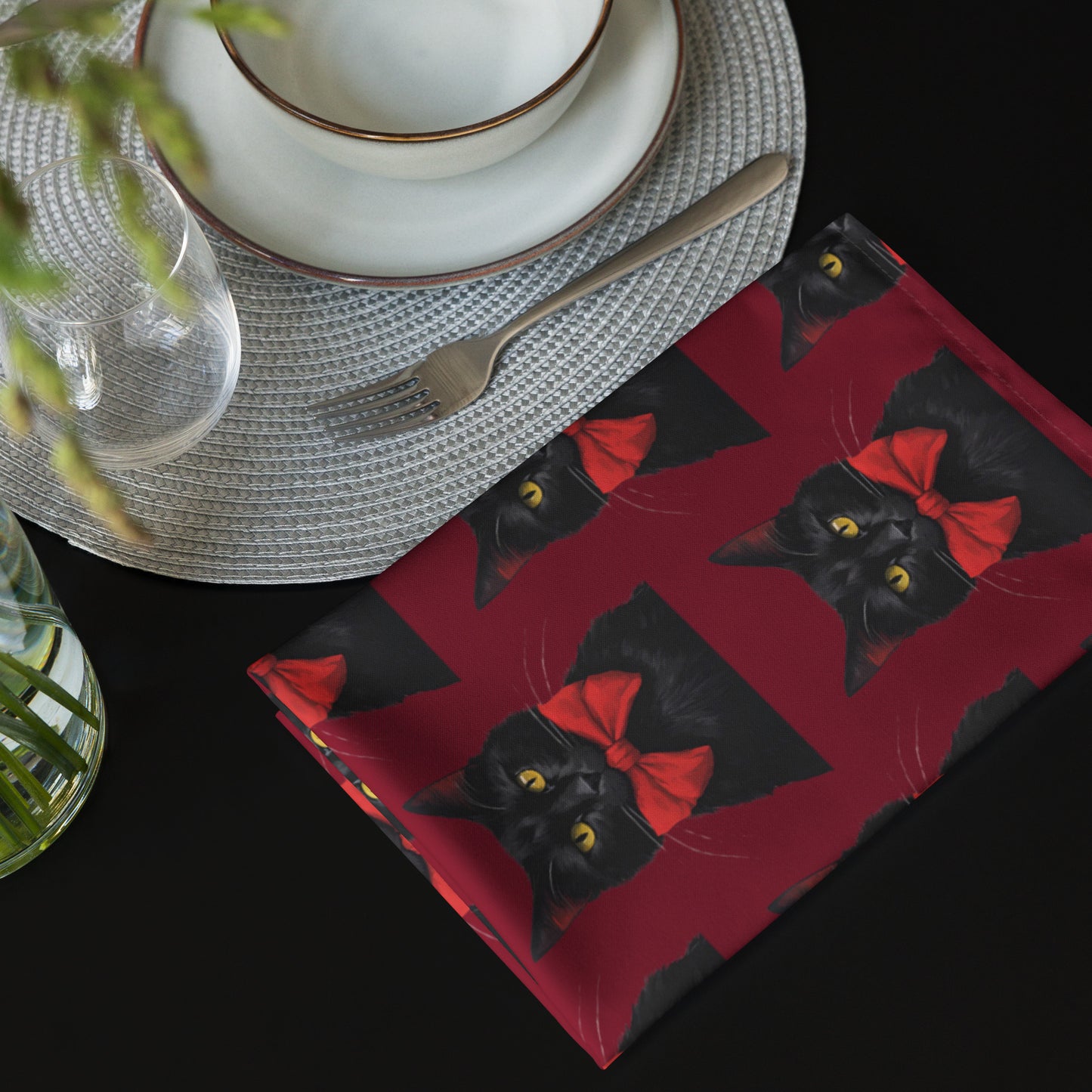 BLACK KITTY BOW B CLOTH NAPKIN SET