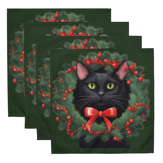 BLACK KITTY WREATH CLOTH NAPKIN SET