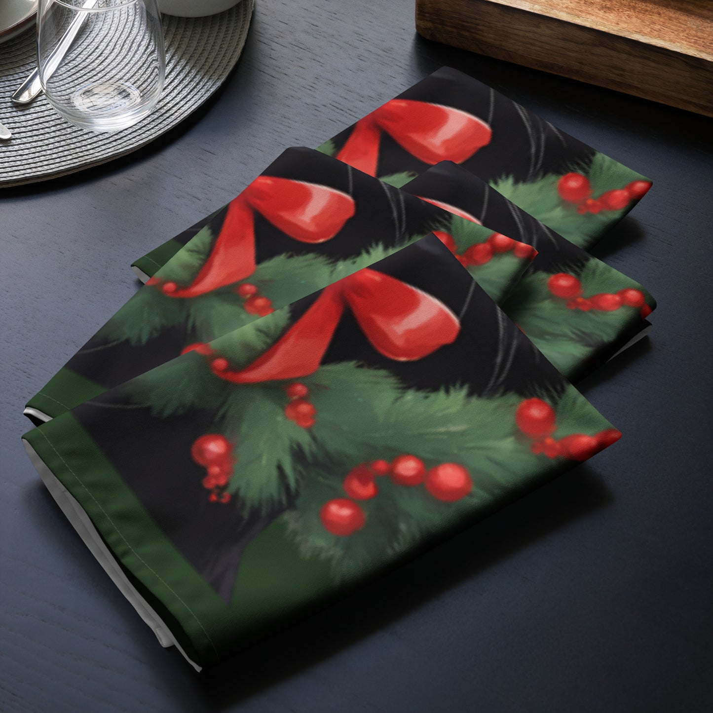 BLACK KITTY WREATH CLOTH NAPKIN SET