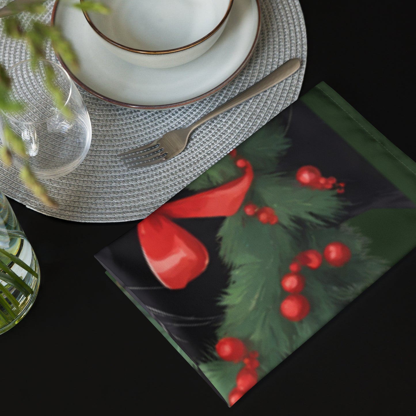 BLACK KITTY WREATH CLOTH NAPKIN SET