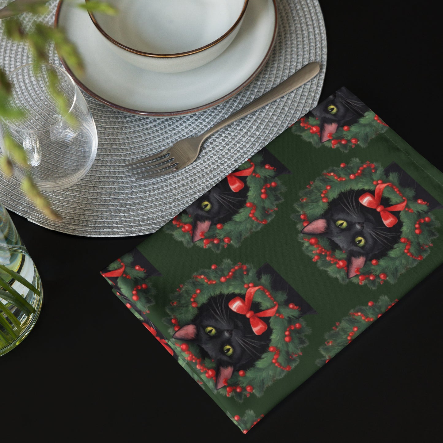 BLACK KITTY WREATH B CLOTH NAPKIN SET