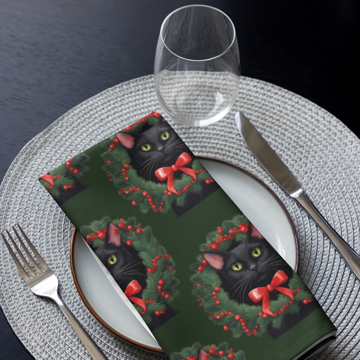 BLACK KITTY WREATH B CLOTH NAPKIN SET