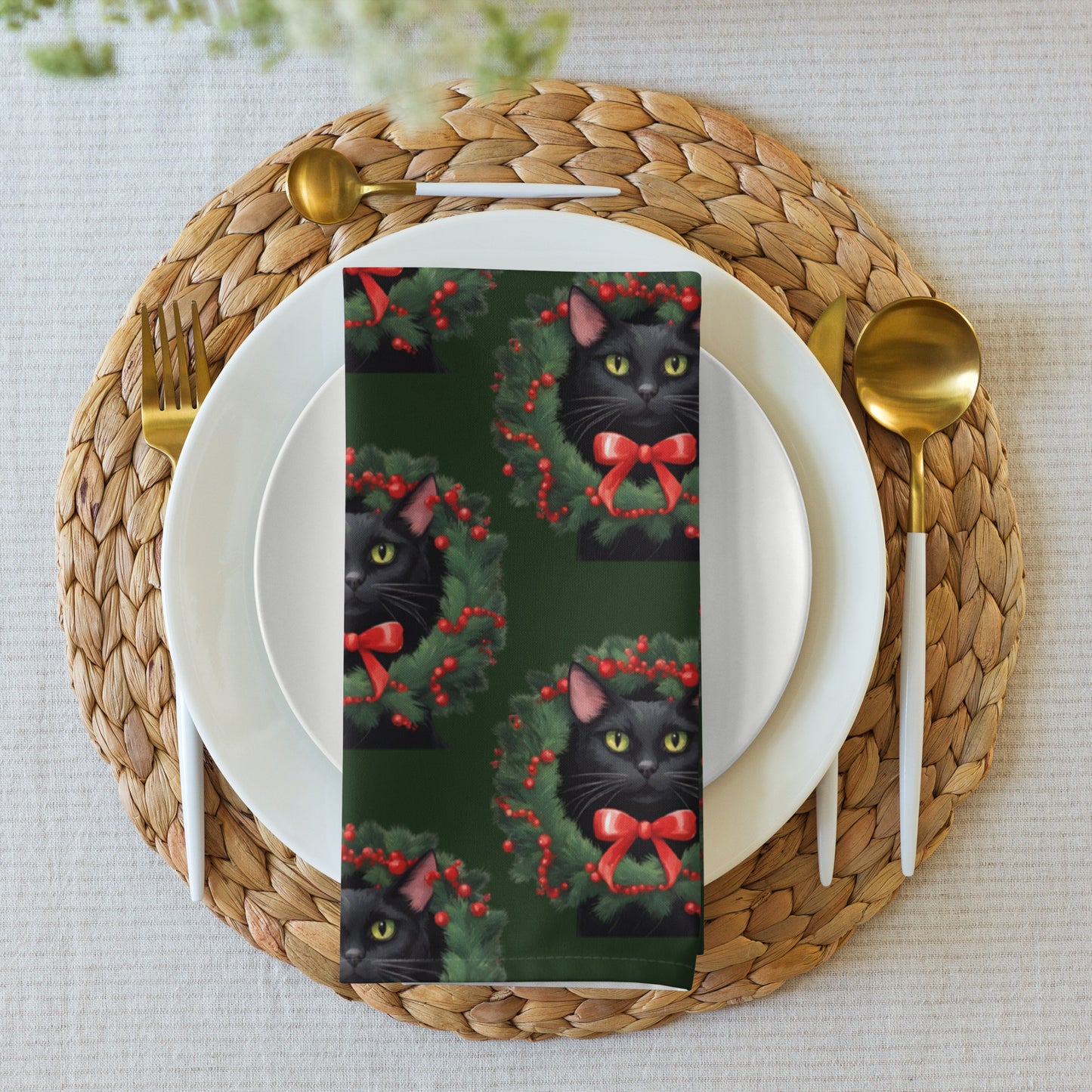 BLACK KITTY WREATH B CLOTH NAPKIN SET