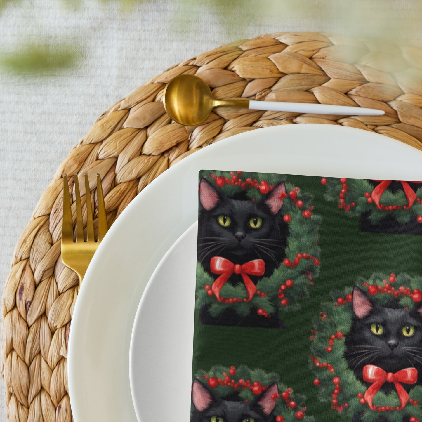 BLACK KITTY WREATH B CLOTH NAPKIN SET