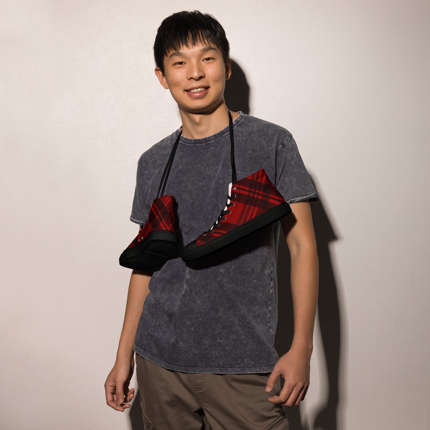 MEN'S RED PLAID HIGH TOP CANVAS SHOES