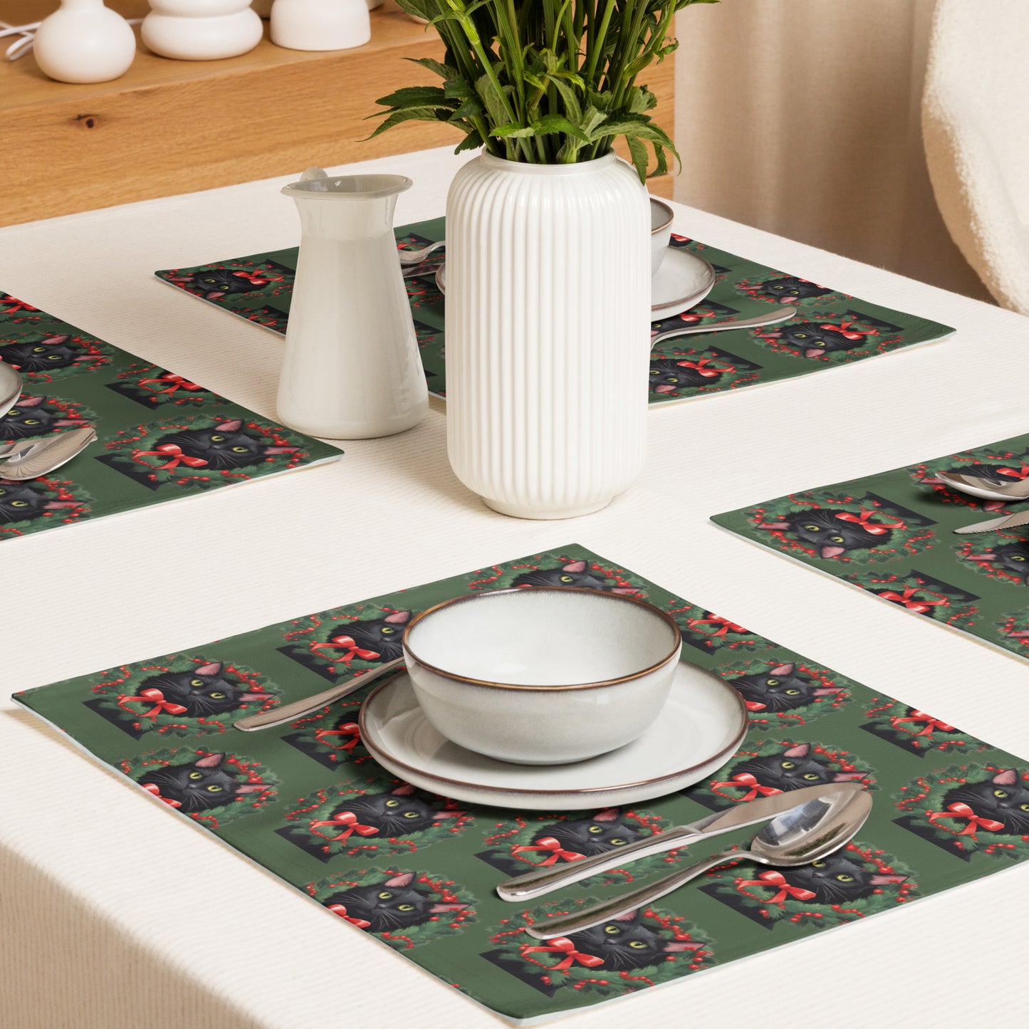 BLACK KITTY WREATH B PLACEMAT SET