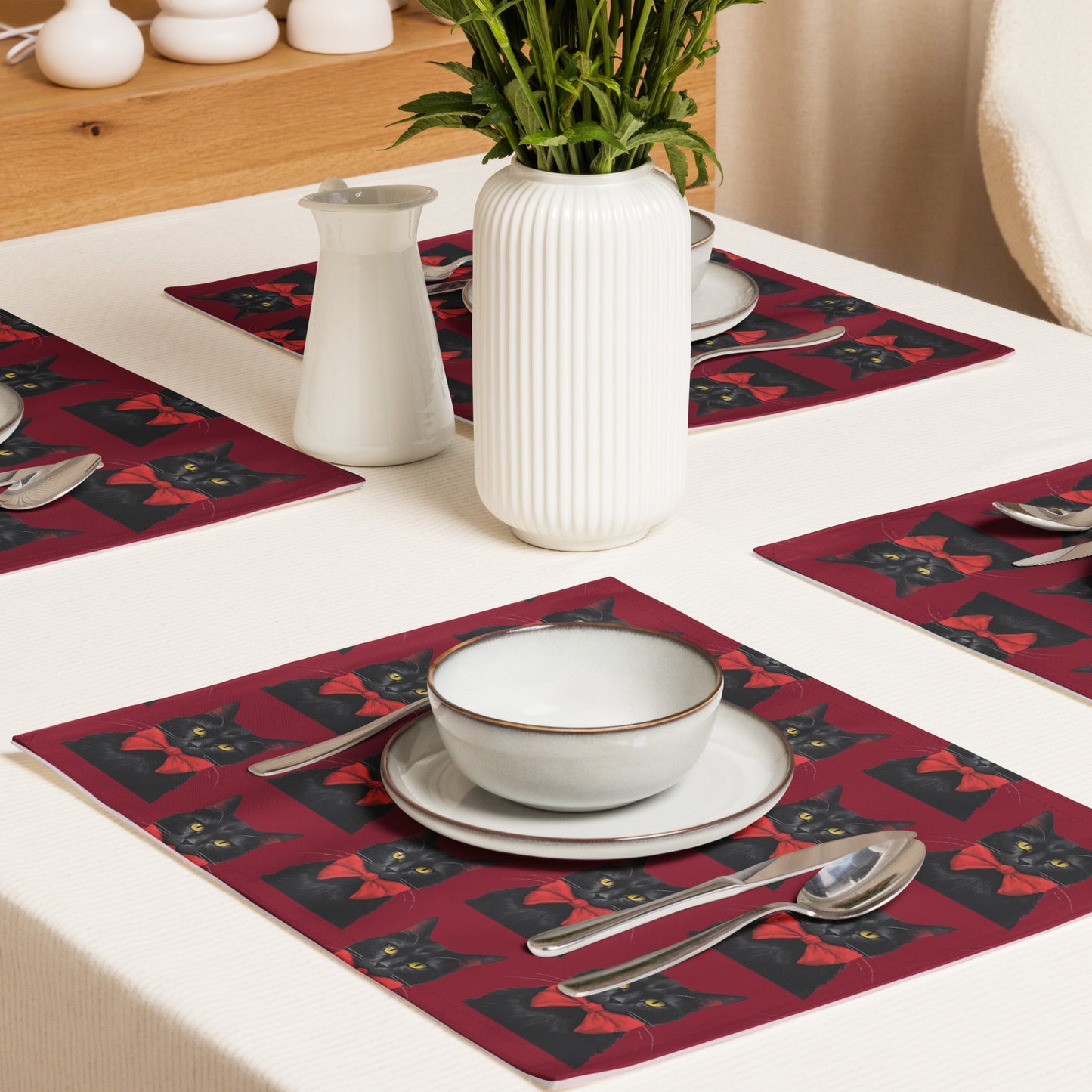 BLACK KITTY BOW B PLACEMAT SET
