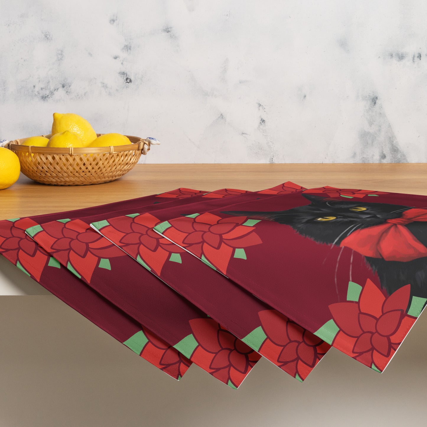 BLACK KITTY RED BOW PLACEMAT SET