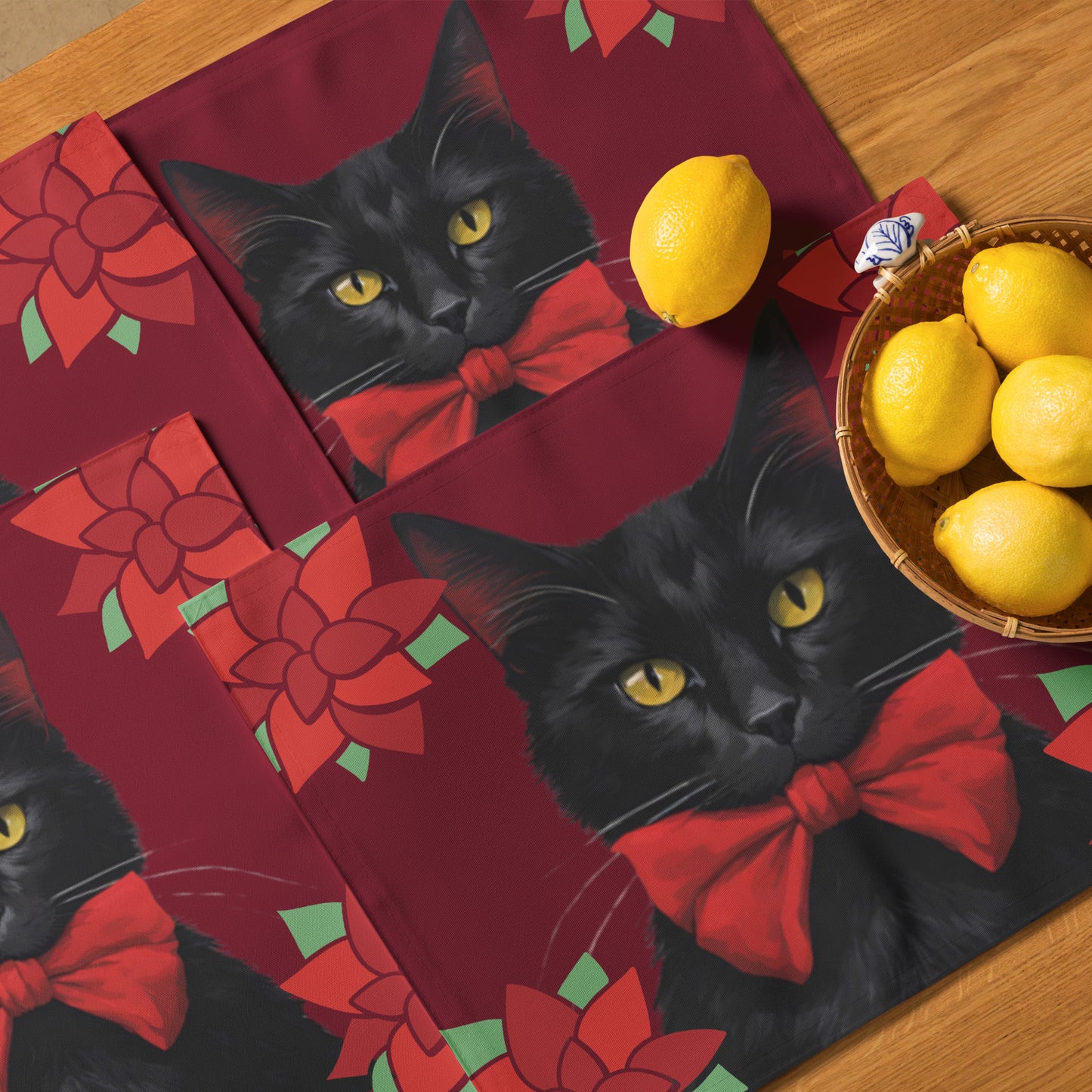 BLACK KITTY RED BOW PLACEMAT SET