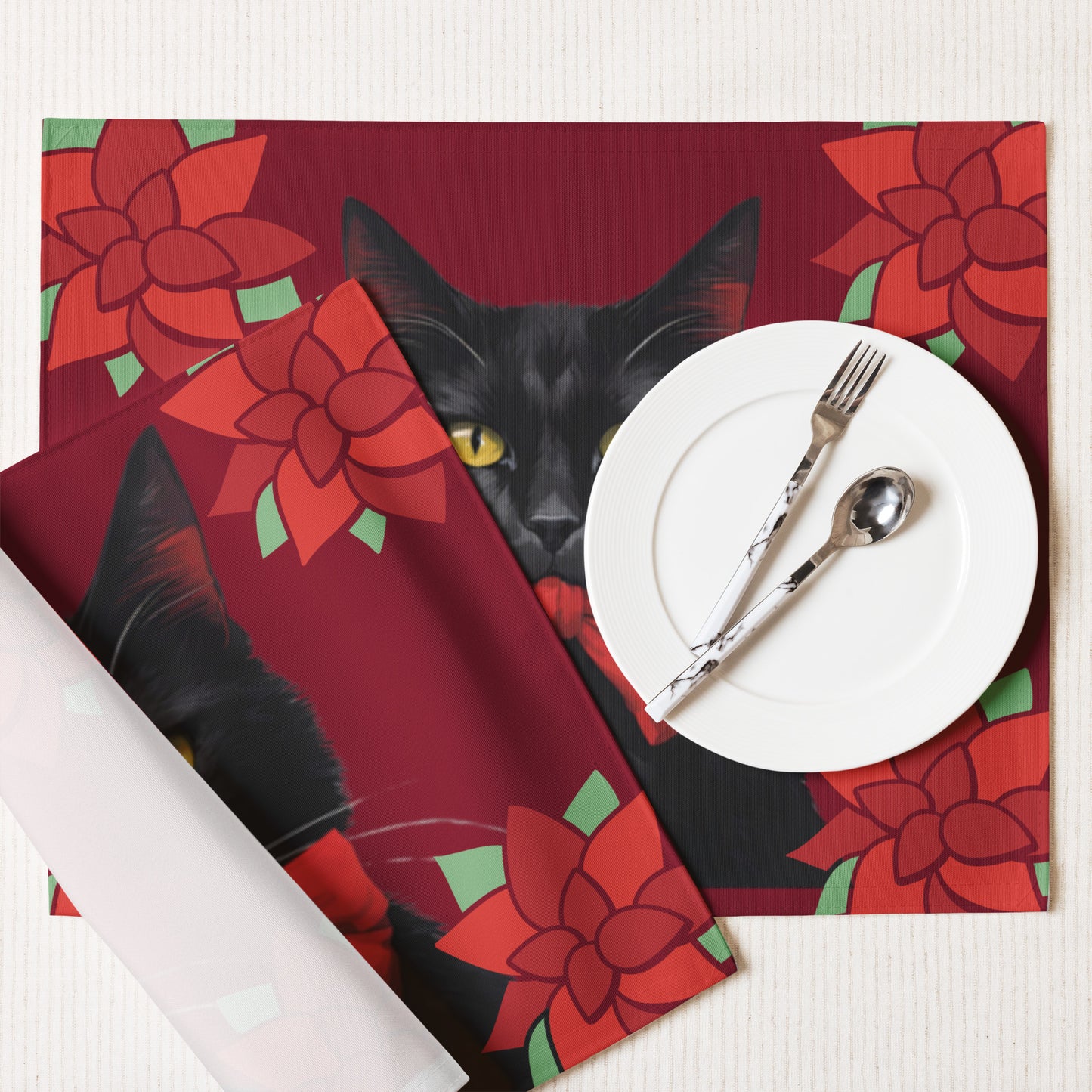 BLACK KITTY RED BOW PLACEMAT SET