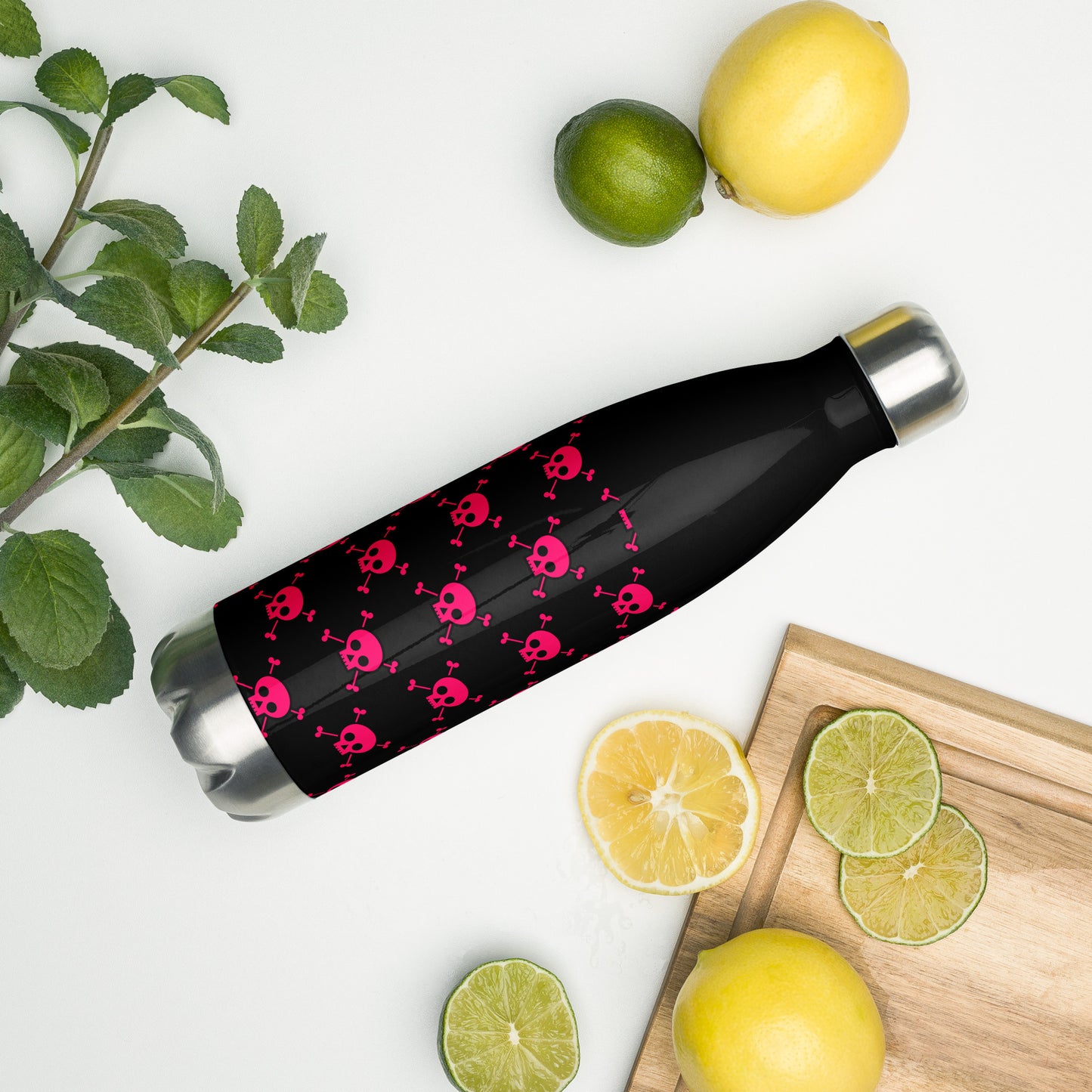 PINK SKUL & BONES STAINLESS STEEL WATER BOTTLE