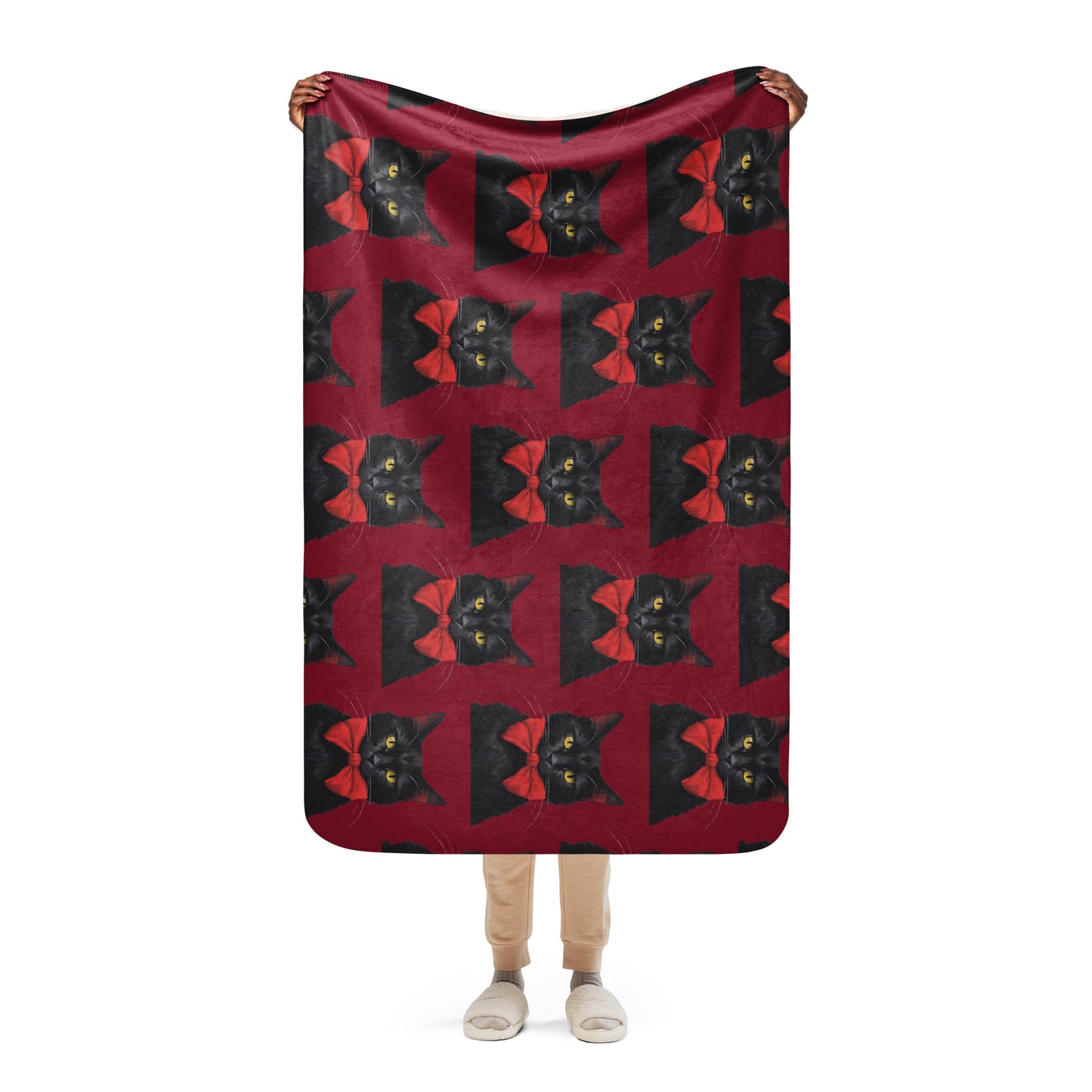 BLACK KITTY BOW SHERPA BLANKET