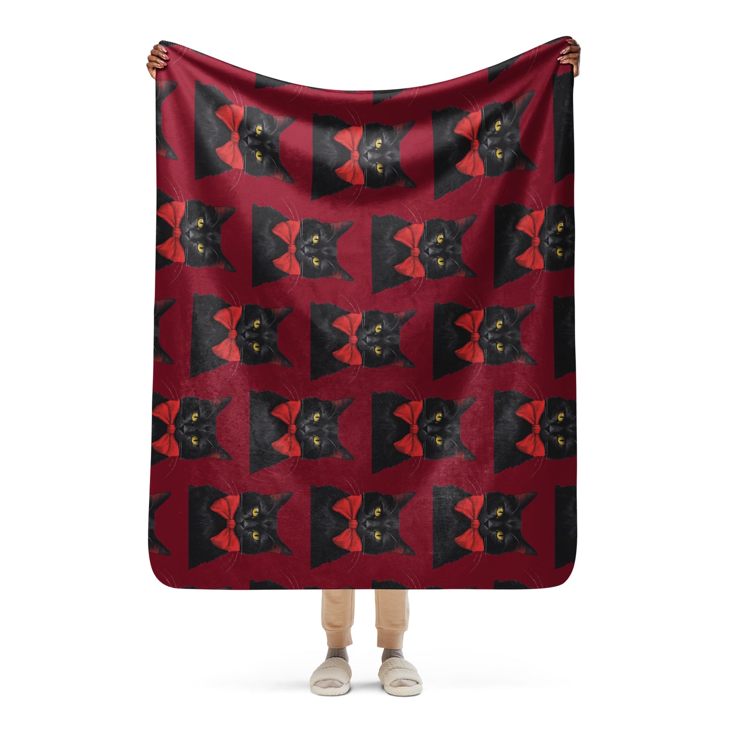 BLACK KITTY BOW SHERPA BLANKET