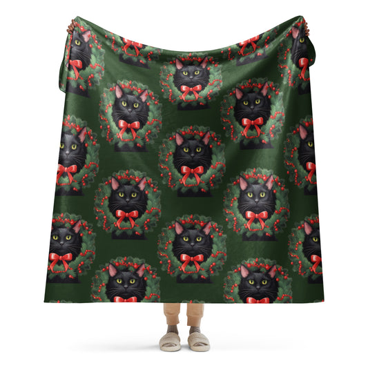 BLACK KITTY WREATH SHERPA BLANKET