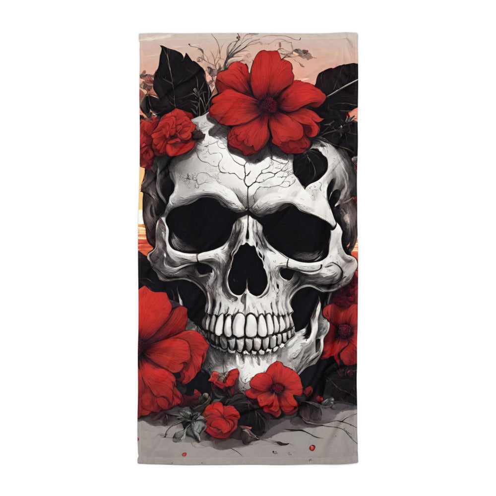 TROPICAL RED FLOWER SKULL BEACH TOWEL
