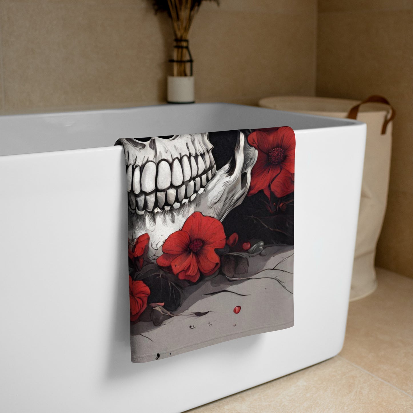 TROPICAL RED FLOWER SKULL BEACH TOWEL