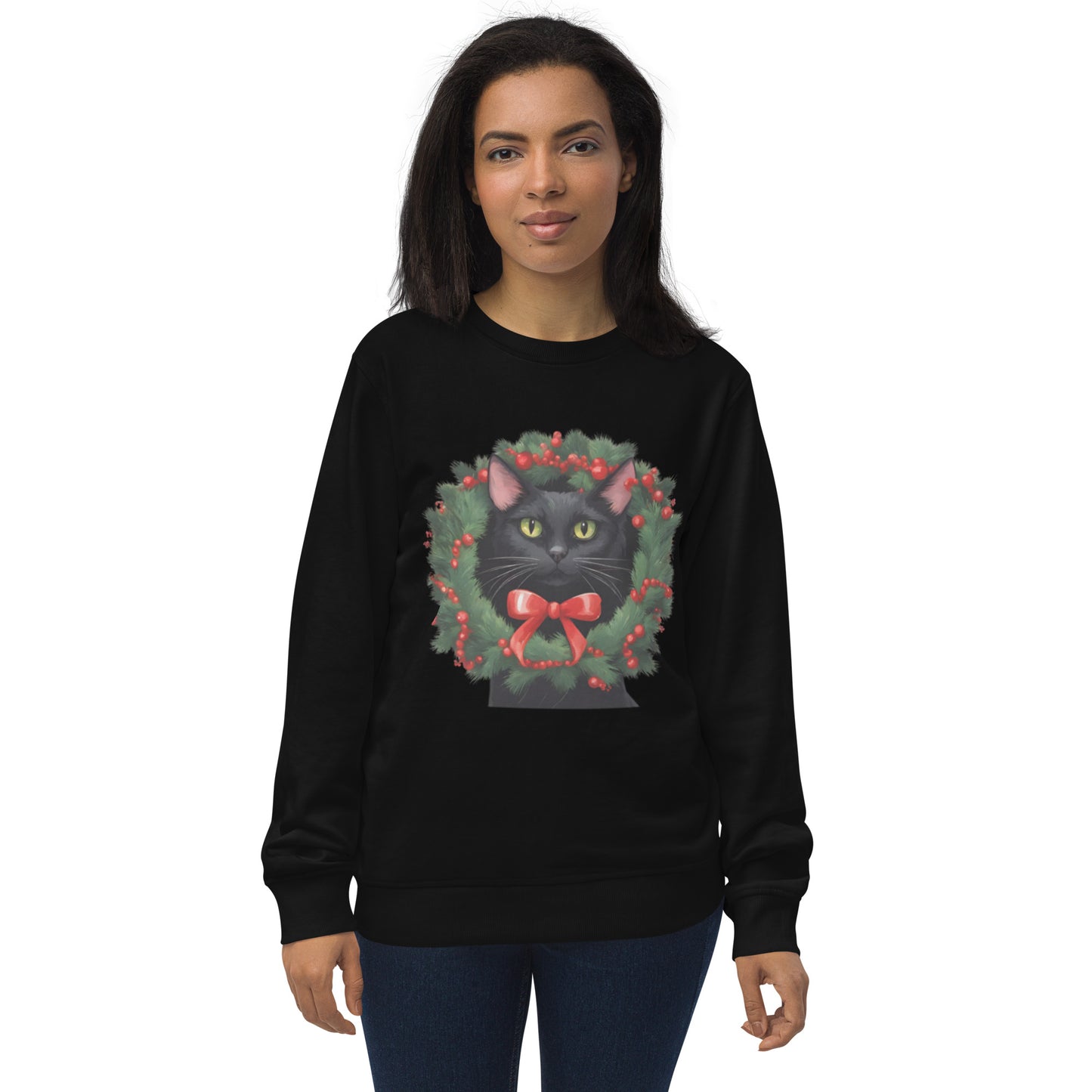 BLACK KITTY WREATH UGLY CHRISTMAS SWEATSHIRT