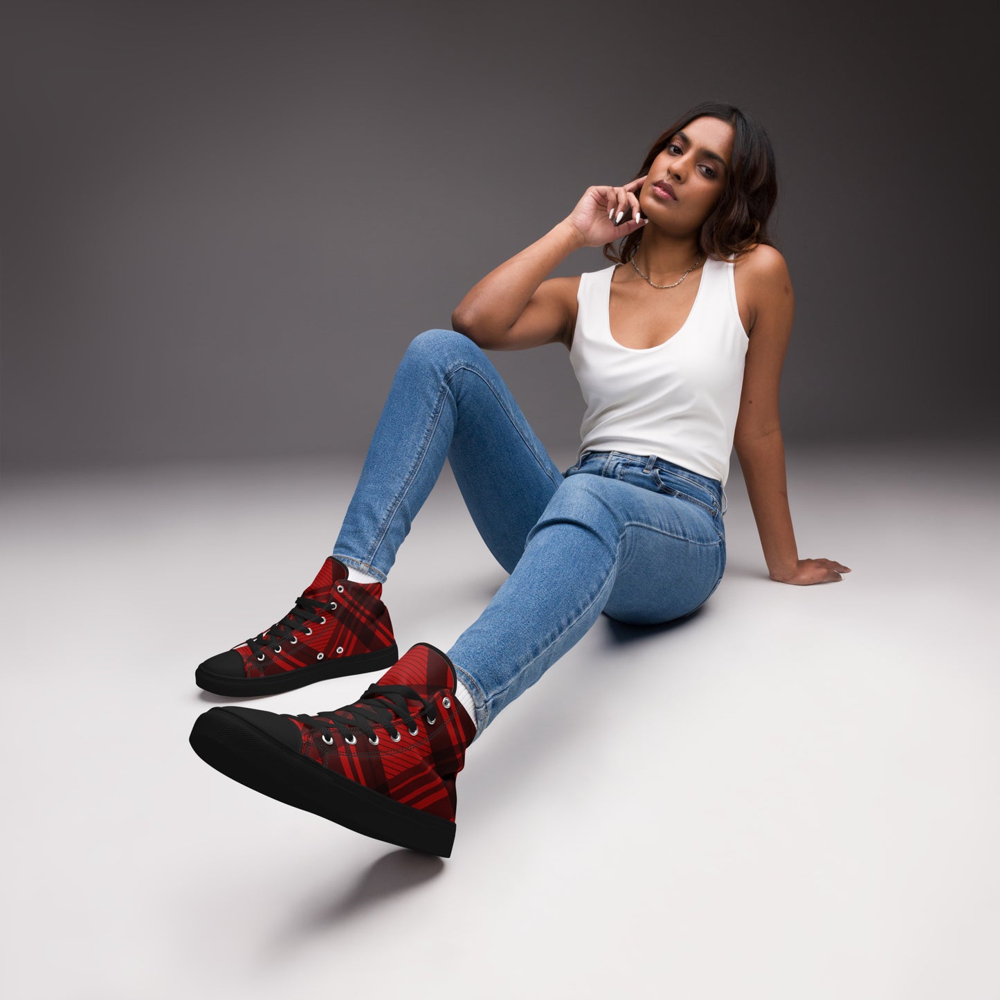 WOMEN'S RED PLAID HIGH TOP CANVAS SHOES