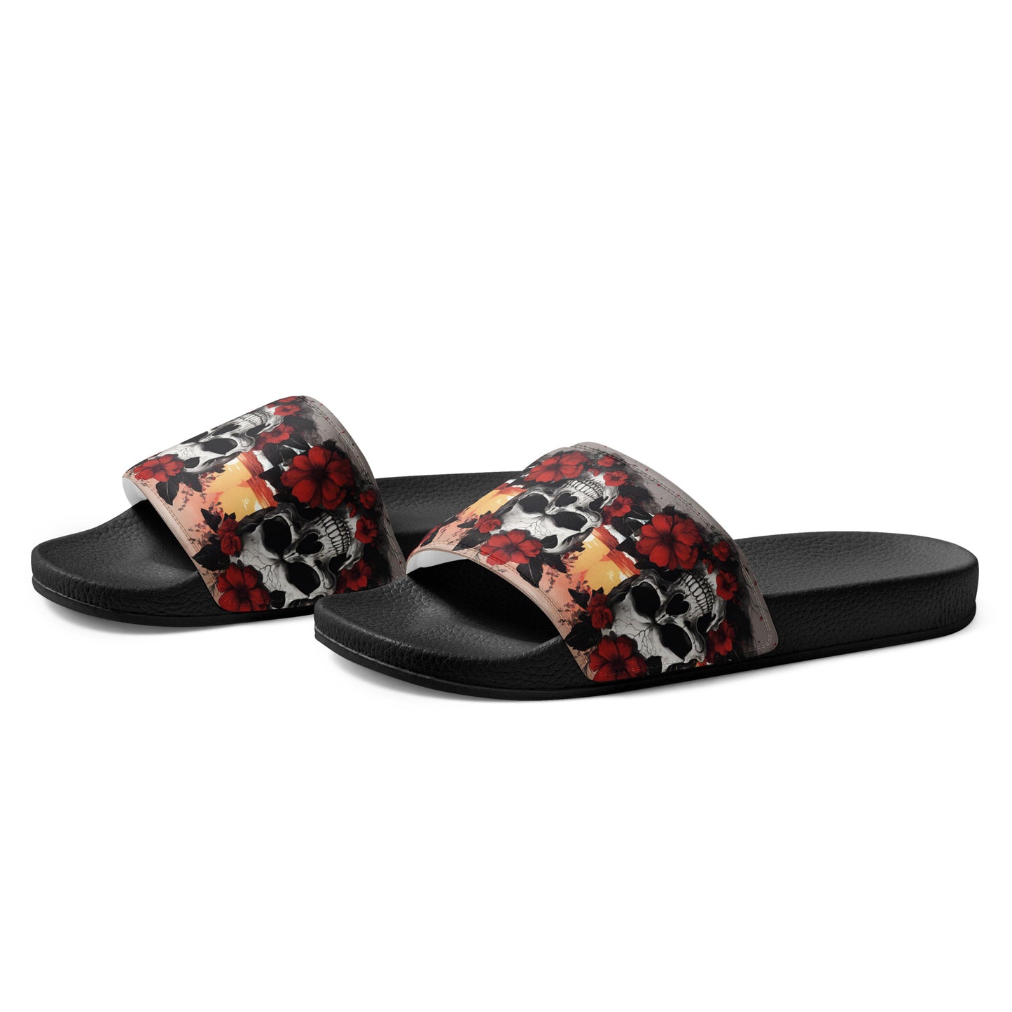 TROPICAL RED FLOWER SKULL WOMEN'S SLIDES